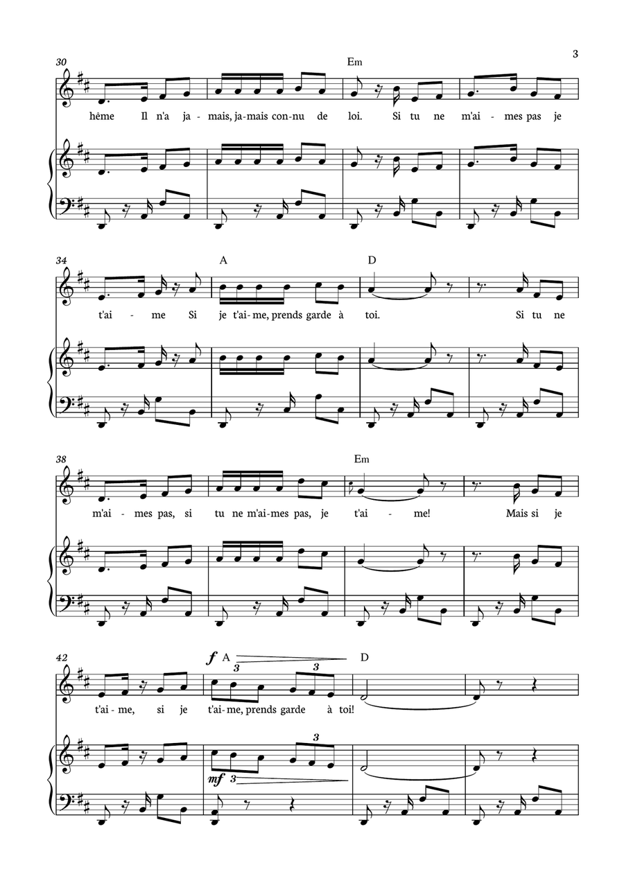 Habanera - Carmen for piano, chords and voice in D minor. Piano, Vocal scores gallery preview page 3