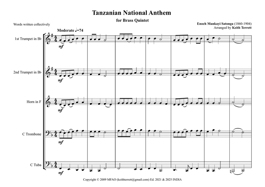 Tanzanian National Anthem for Brass Quintet. Brass Quintet scores gallery preview page 2