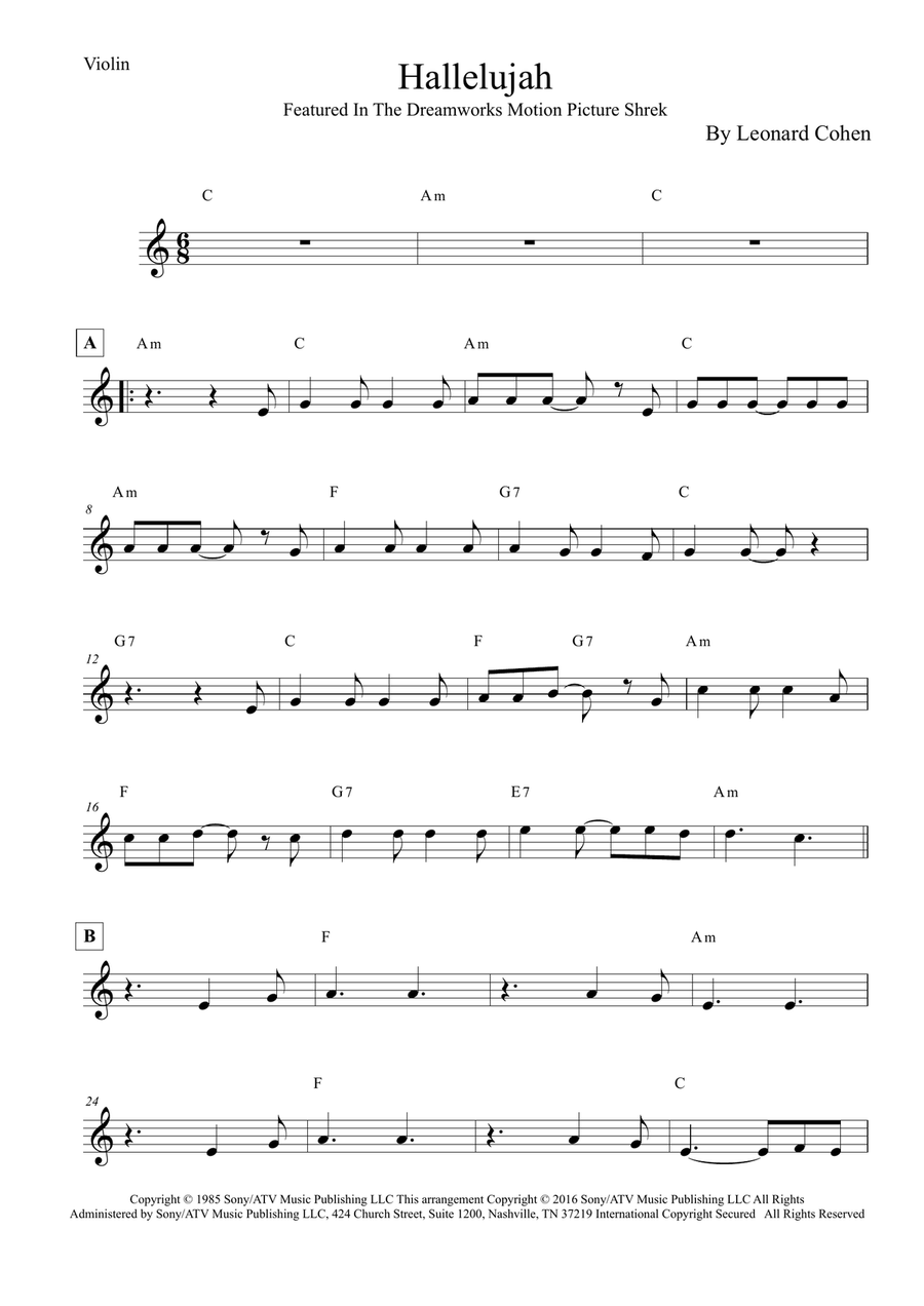 Hallelujah Violin Solo scores gallery preview page 1