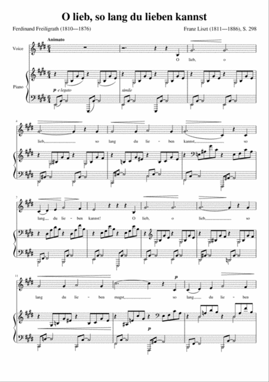 O lieb so lang du lieben kannst (Franz Liszt) [Medium Voice; key: E] Medium Voice scores gallery preview page 1