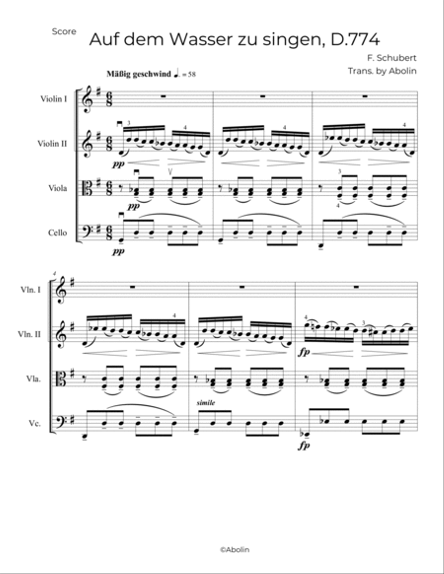 Schubert: Auf dem Wasser zu singen, D.774 - String Quartet String Quartet scores gallery preview page 2