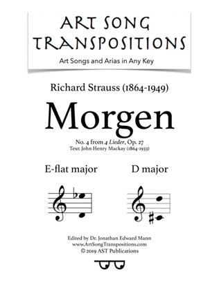 Book cover for STRAUSS: Morgen, Op. 27 no. 4 (transposed to E-flat major and D major)