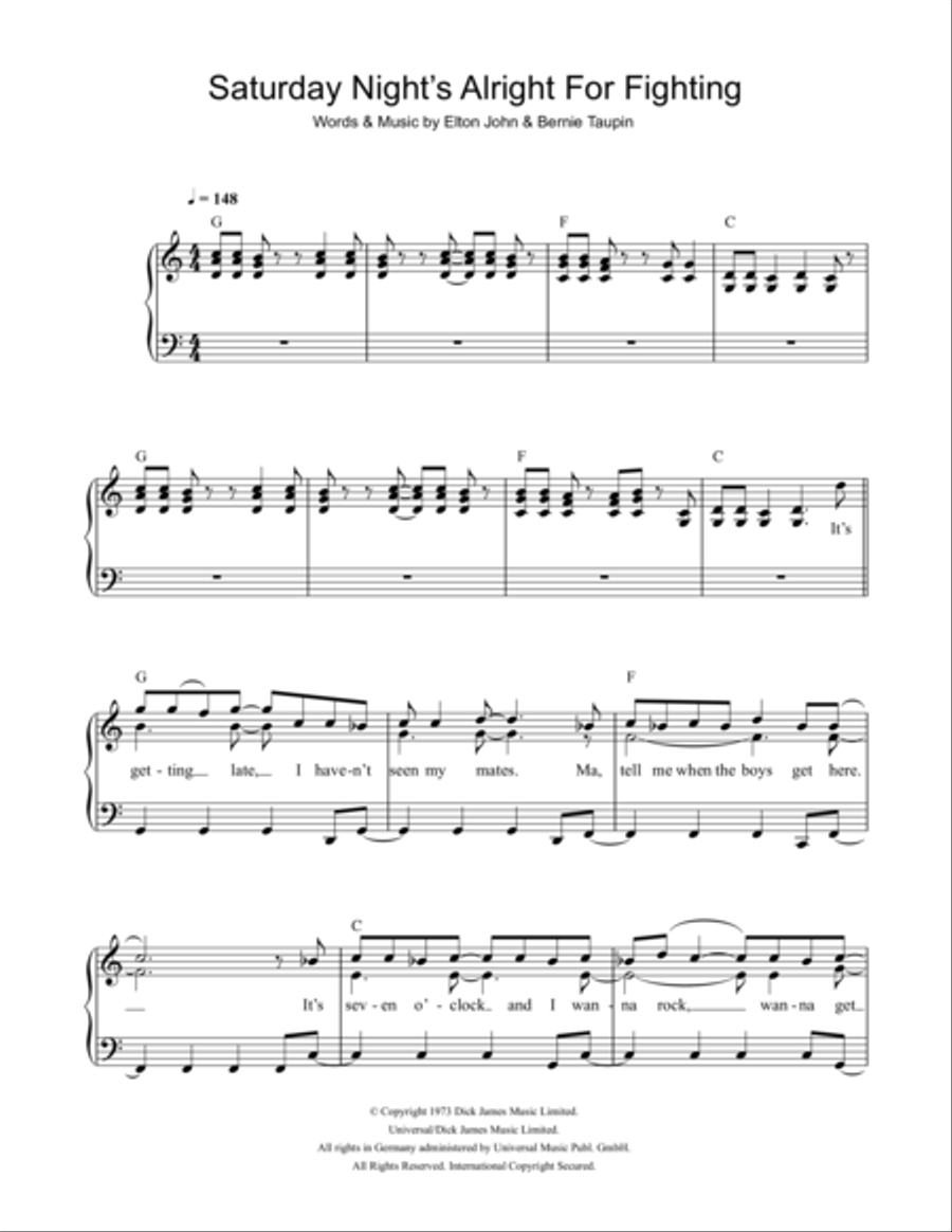 Saturday Night's Alright For Fighting Easy Piano scores gallery preview page 1