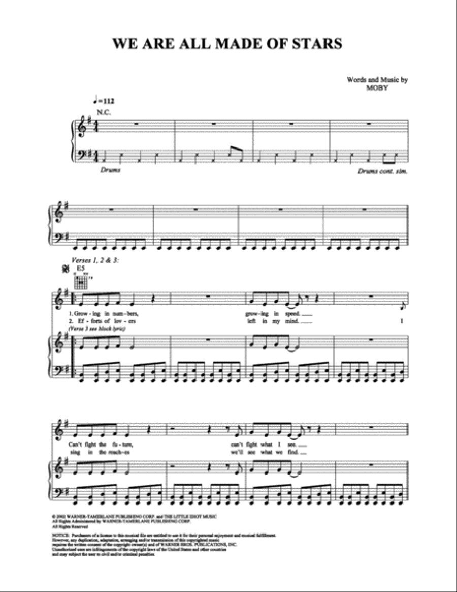We Are All Made of Stars Piano, Vocal, Guitar scores gallery preview page 1