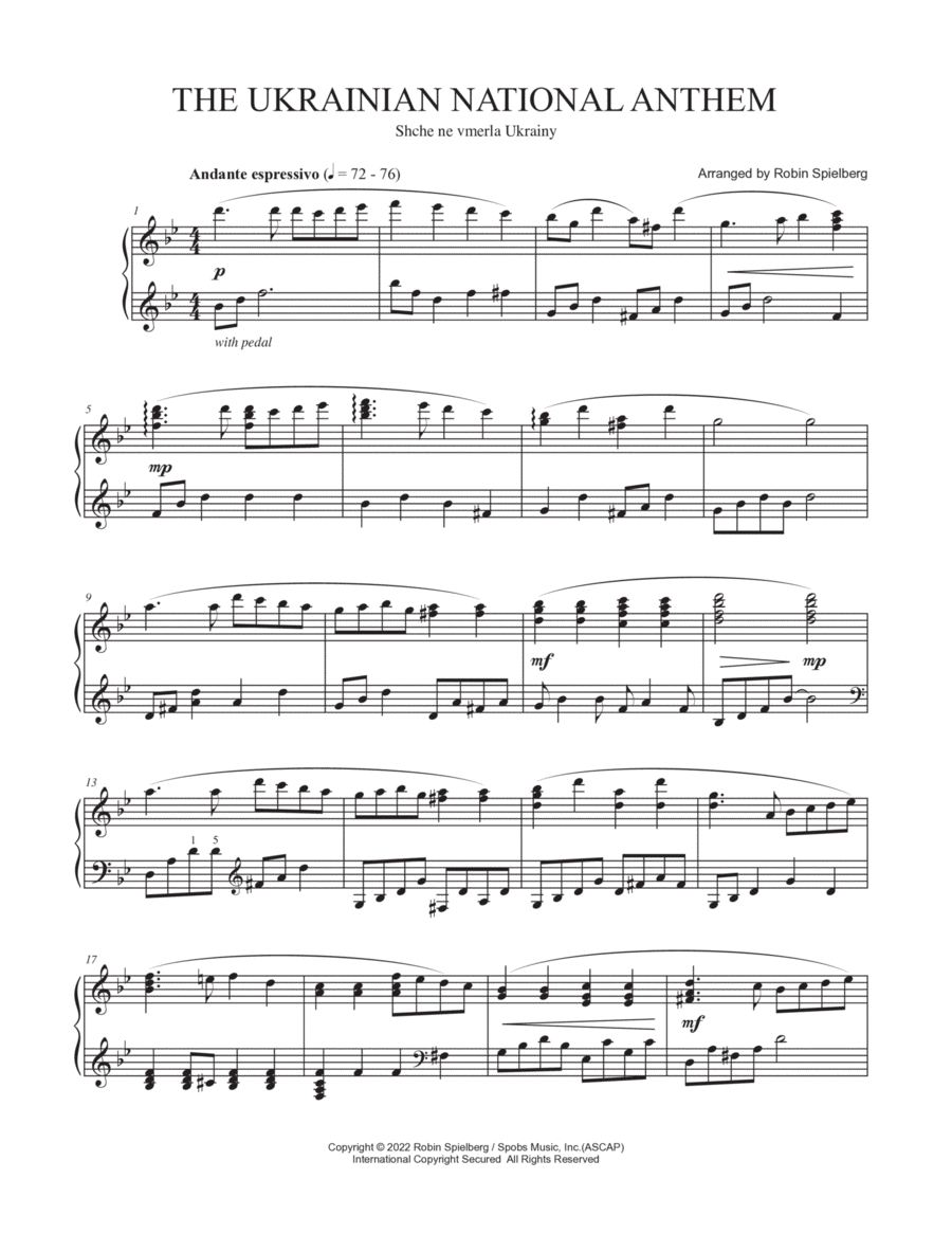 Ukrainian National Anthem - Solo Piano Arrangement (Shche ne vmerla Ukrainy) Piano Solo scores gallery preview page 1