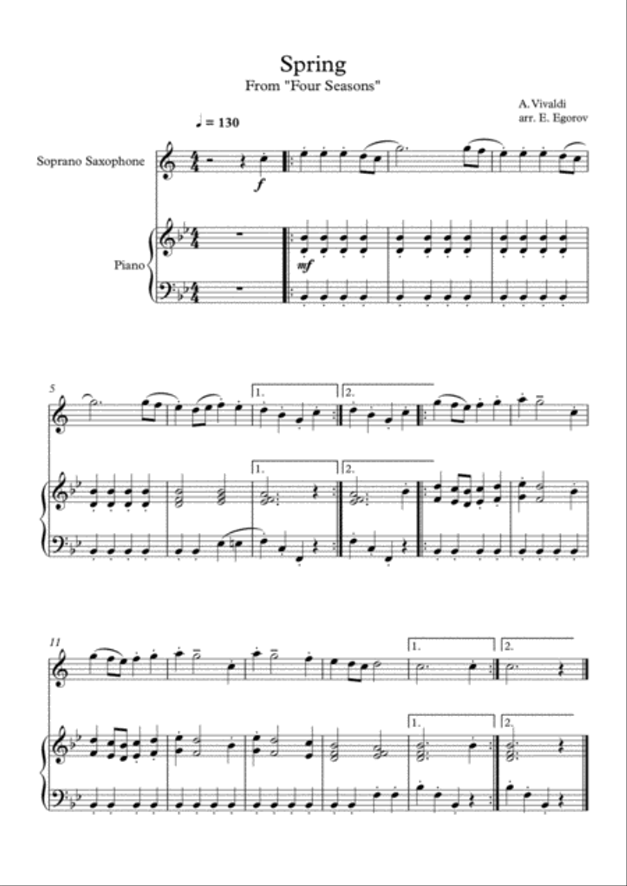 Spring (Four Seasons), Antonio Vivaldi, For Soprano Saxophone & Piano Soprano Saxophone scores gallery preview page 1