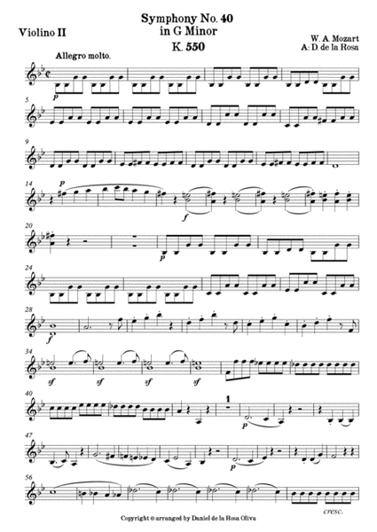 Symphony No. 40 in G minor k. 550 - I. Allegro Molto - W. A. Mozart - For String Quartet (Violin II)