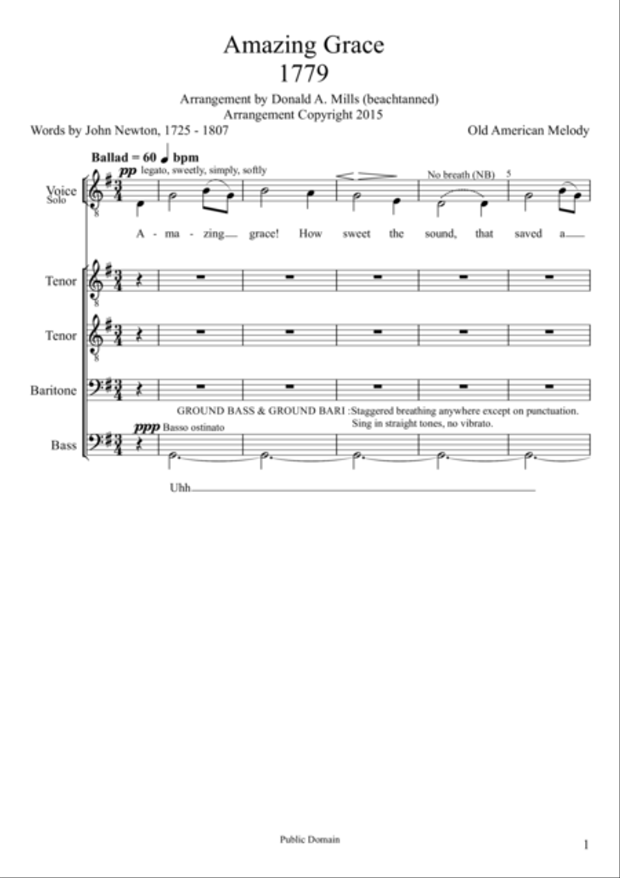 Amazing Grace TTBB a cappella TTBB scores gallery preview page 1