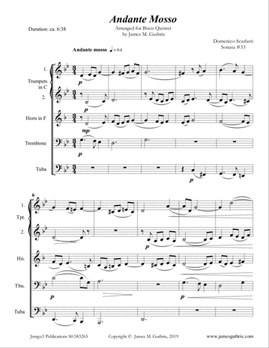 Scarlatti: Andante mosso for Brass Quintet Brass Quintet scores gallery preview page 1
