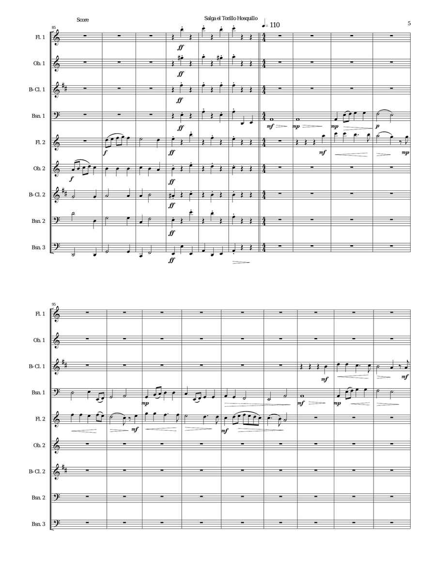 Salga el torillo hosquillo (Let the little wild bull out) arranged for wind nonet Woodwind Ensemble scores gallery preview page 5