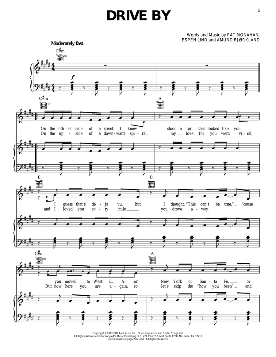 Drive By Piano, Vocal, Guitar scores gallery preview page 1
