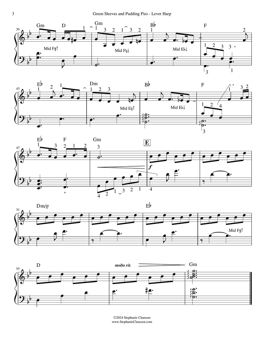 Greensleeves and Pudding Pies - intermediate harp solo Celtic Harp scores gallery preview page 4