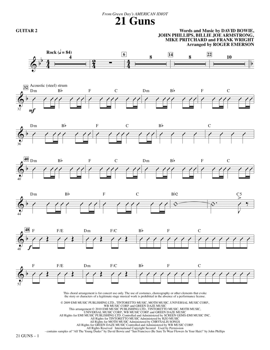 21 Guns (from American Idiot) (arr. Roger Emerson) - Guitar 2 Choir scores gallery preview page 1