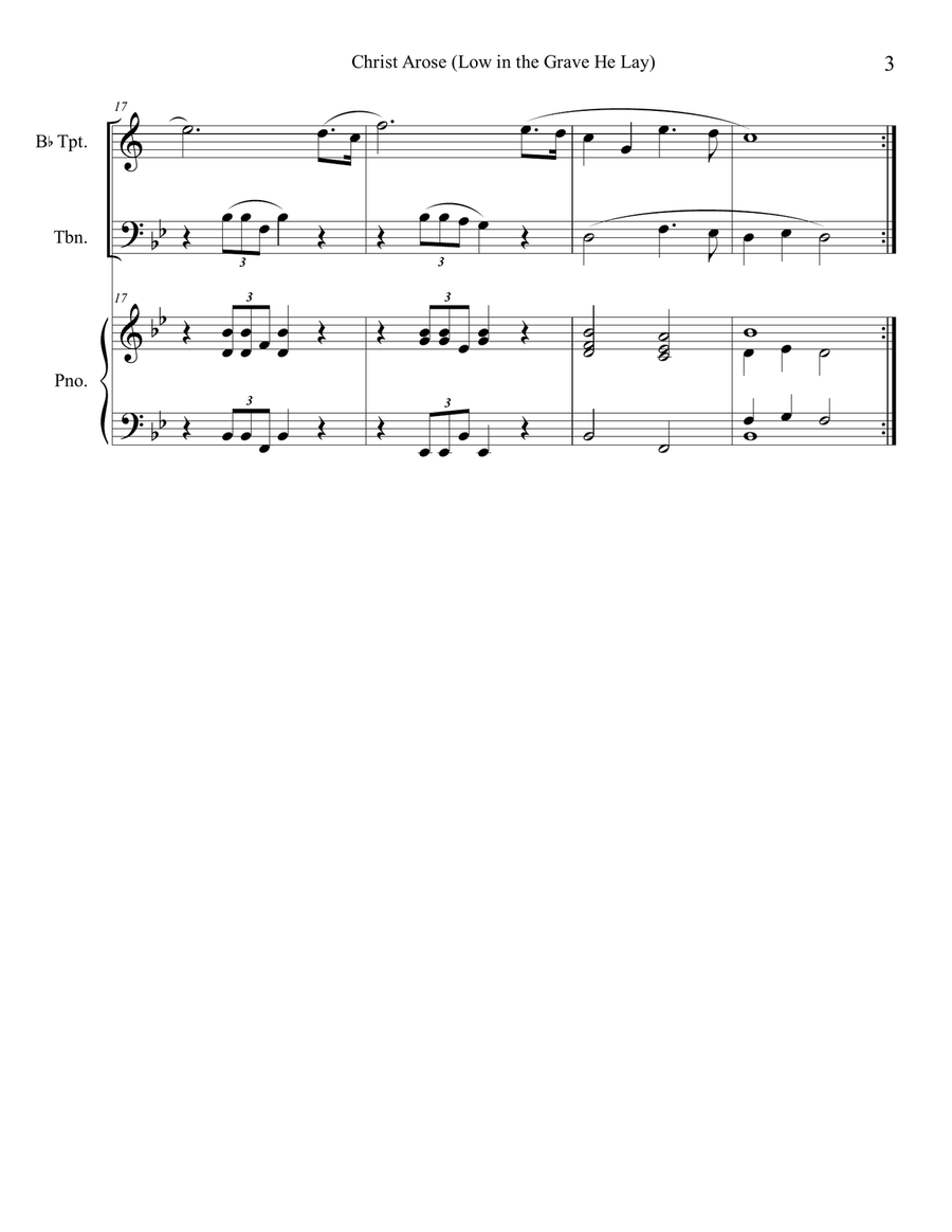 Christ Arose (Low in the Grave He Lay) for trumpet and trombone duet with optional piano Brass Duet scores gallery preview page 3