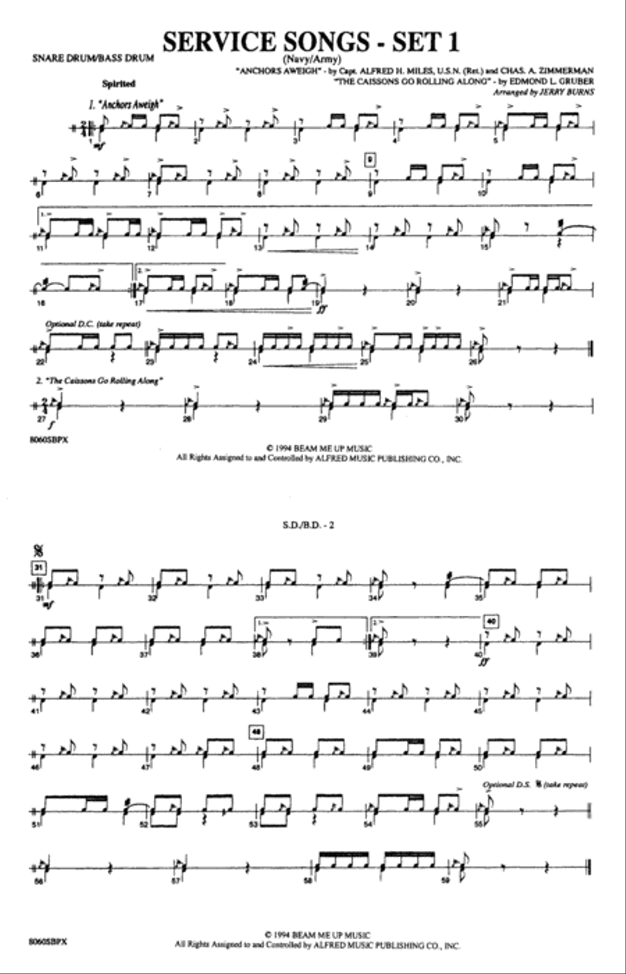 Service Songs - Set 1 (Navy/Army): Snare Drum/Bass Drum Marching Band scores gallery preview page 1