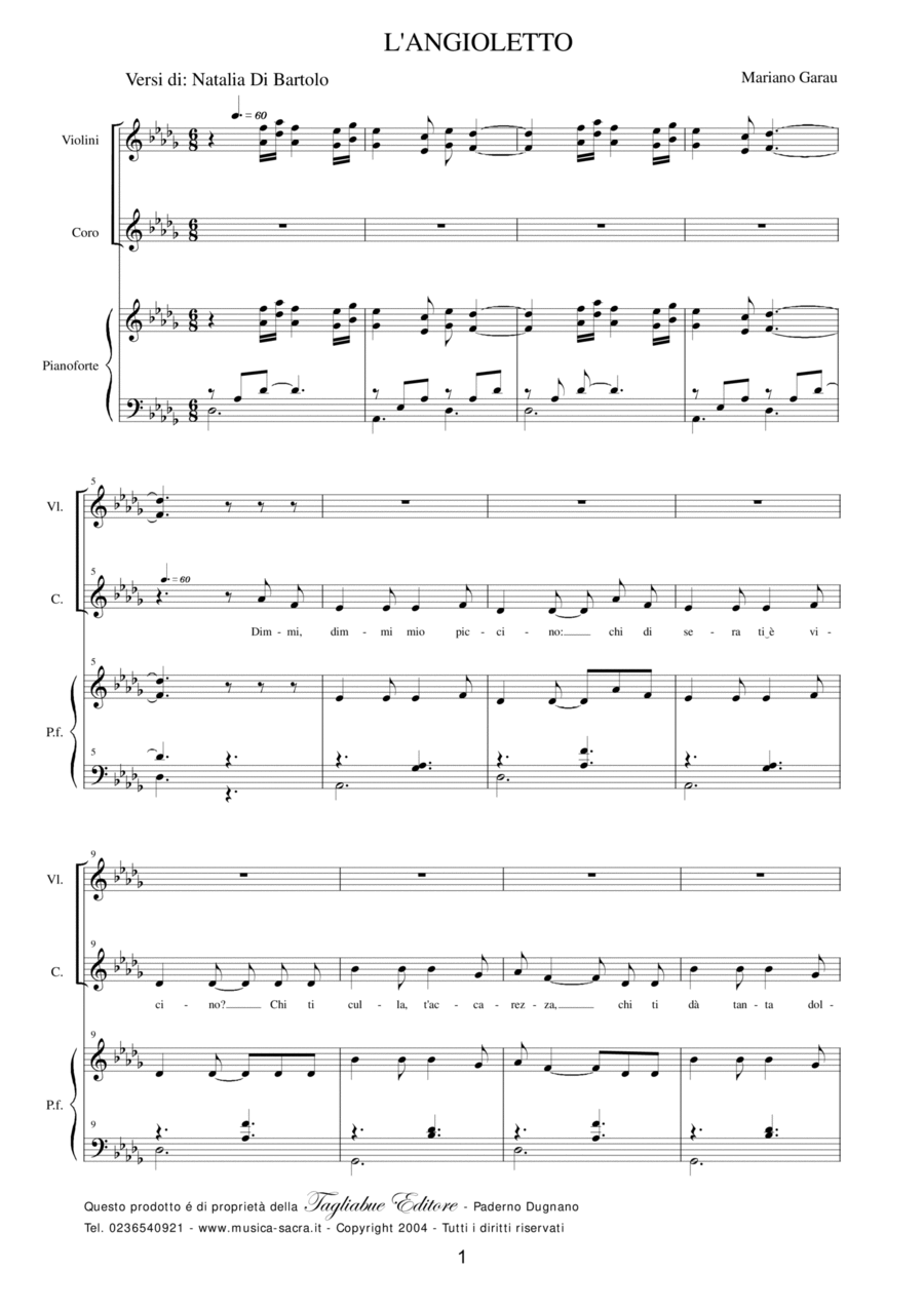 L'ANGIOLETTO - Mariano Garau - For children Choir, Violins and Piano Children's Choir scores gallery preview page 1