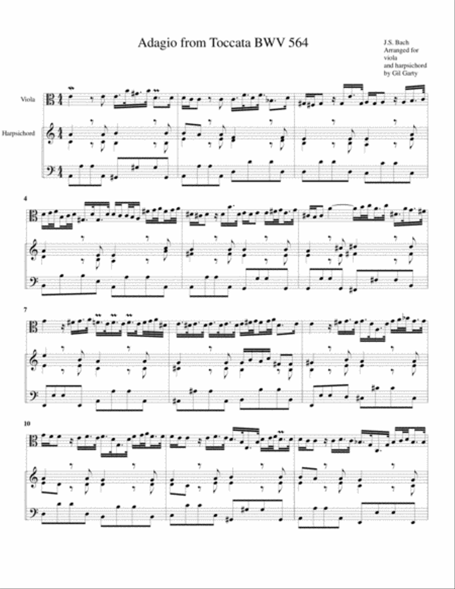 Adagio from Toccata BWV 564 (arrangement for viola and harpsichord) Small Ensemble scores gallery preview page 1