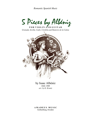 Book cover for 5 pieces by Albéniz for violin and guitar (Granada, Sevilla, Córdoba, Cadiz, Rumores de la Caleta)