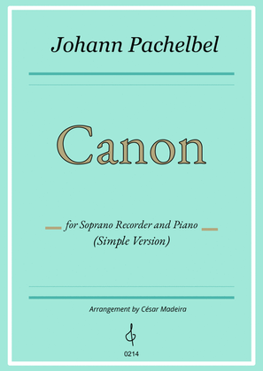 Pachelbel's Canon in D - Soprano Recorder and Piano - Simple Version (Full Score and Parts)