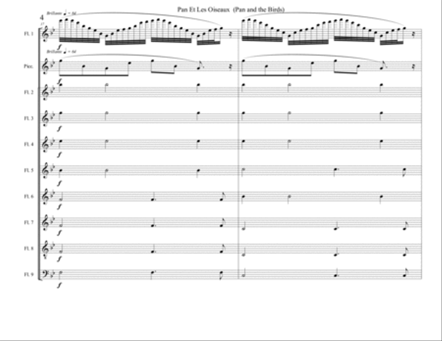 Pan Et Les Oiseaux ( Pan and the Birds ) for Flute solo with flute choir / ensemble by Jules Mouqu Flute Choir scores gallery preview page 5