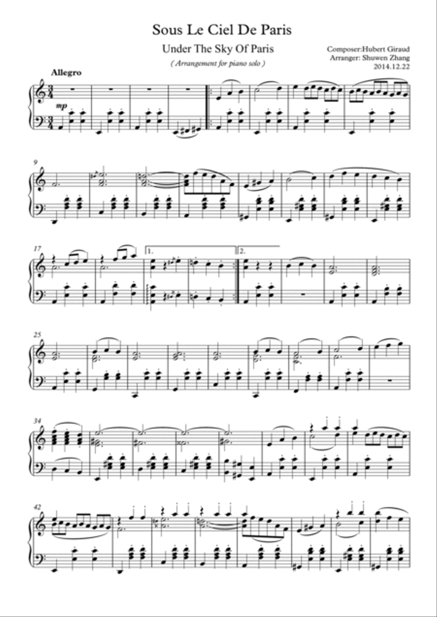 Under paris skies accordion sheet music sale