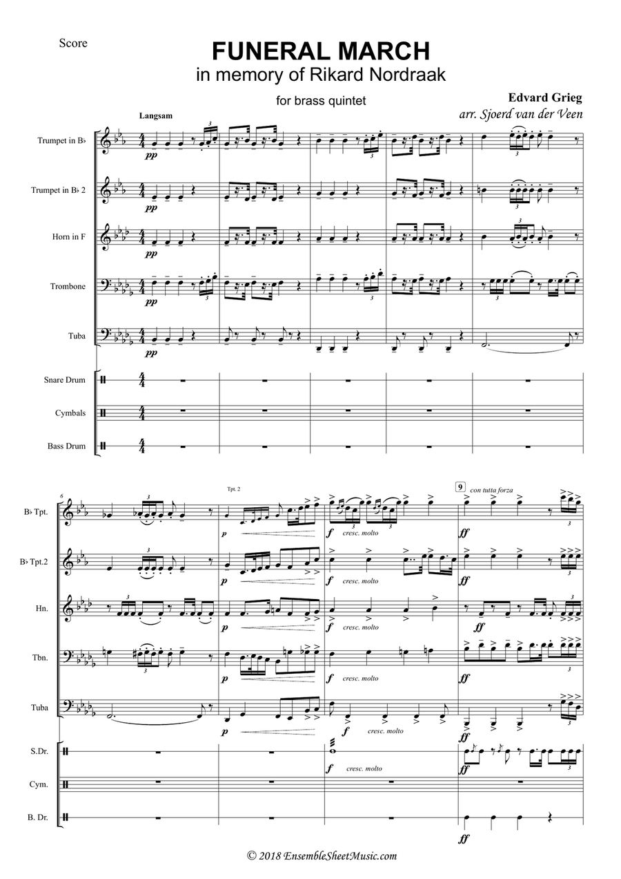 Funeral March in memory of Rikard Nordraak Brass Ensemble scores gallery preview page 1