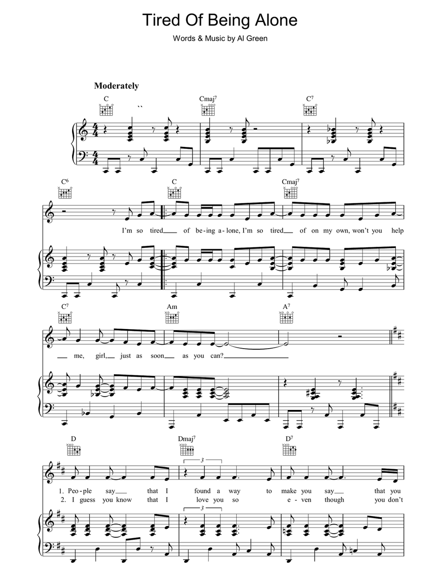 Tired Of Being Alone Piano, Vocal, Guitar scores gallery preview page 1
