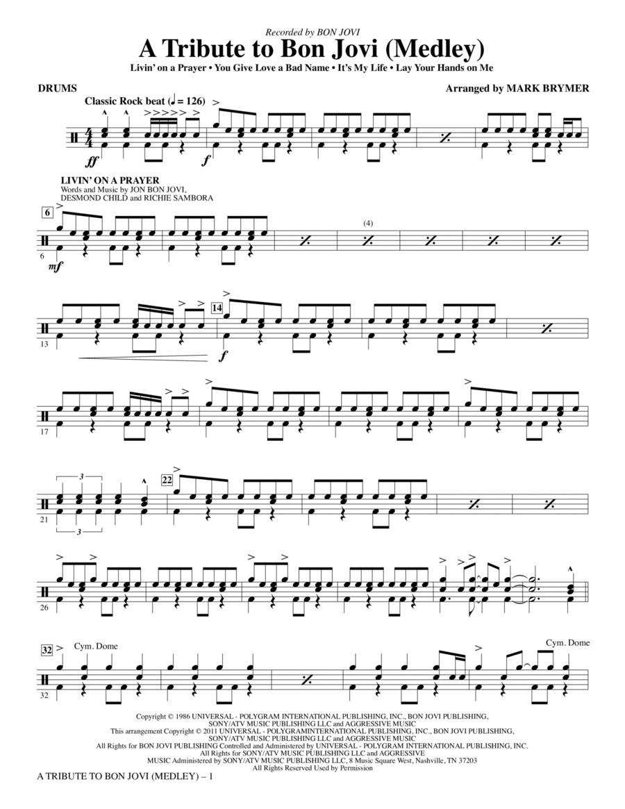 A Tribute To Bon Jovi (Medley) - Drums Choir scores gallery preview page 1
