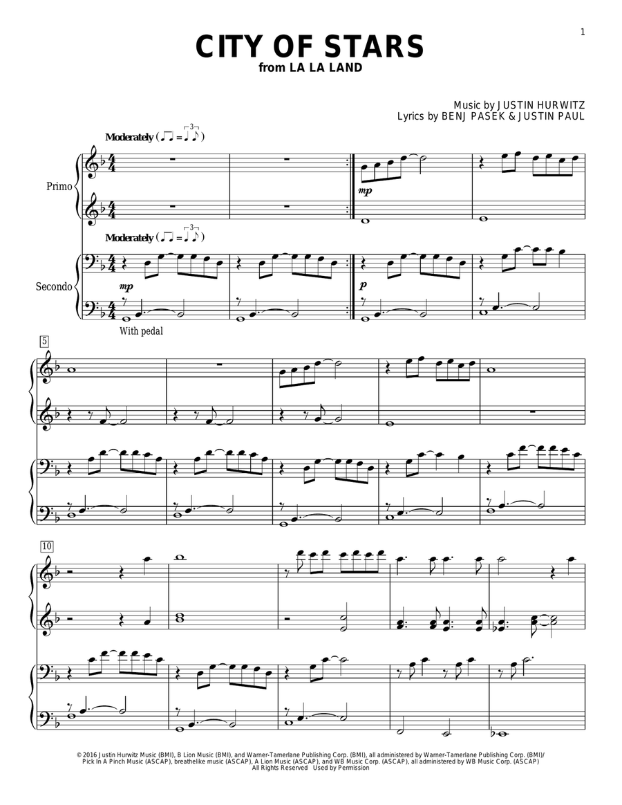 City Of Stars (from La La Land) Piano Duet scores gallery preview page 1