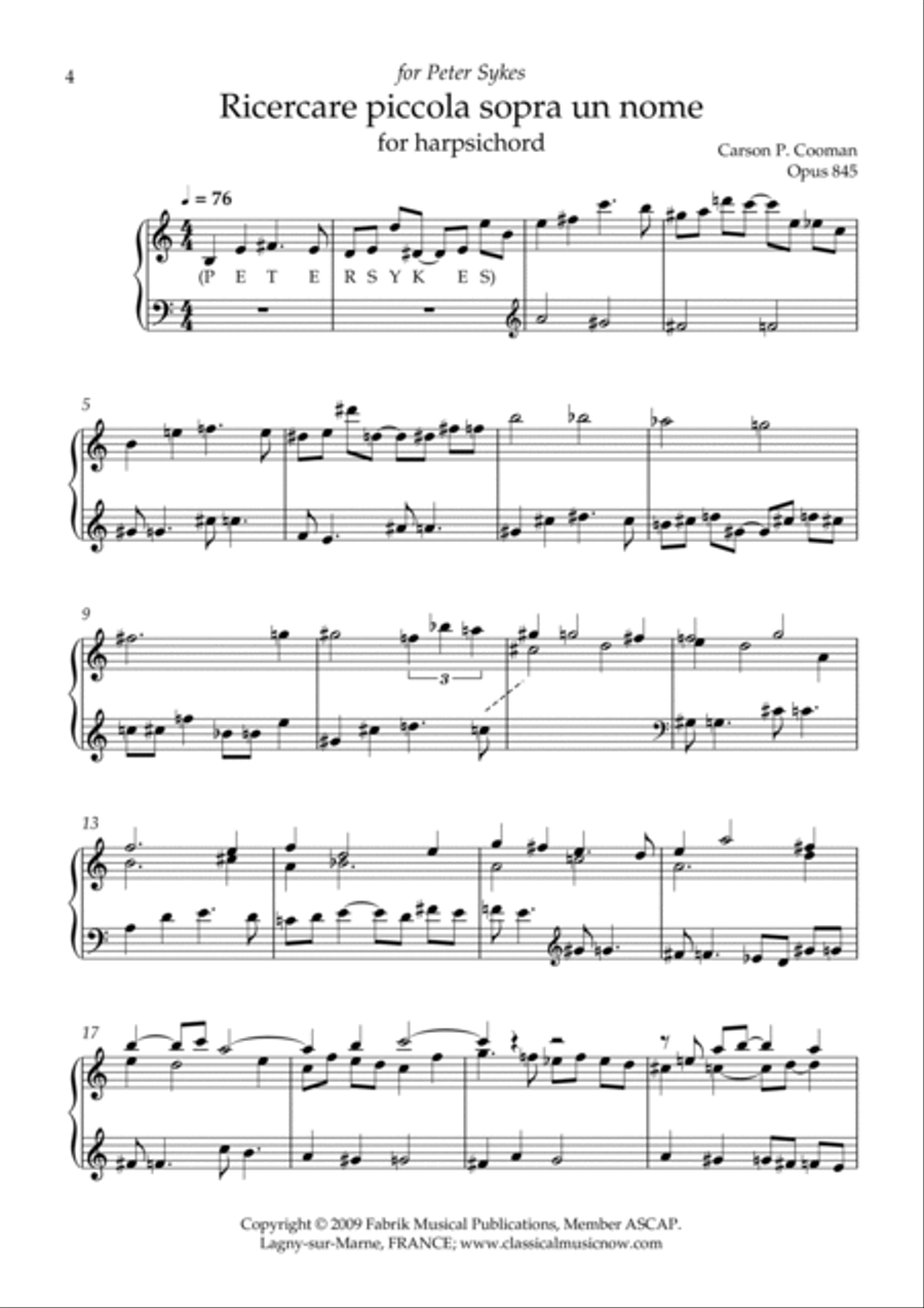 Carson Cooman - Ricercare piccola sopra un nome for harpsichord Harpsichord scores gallery preview page 2