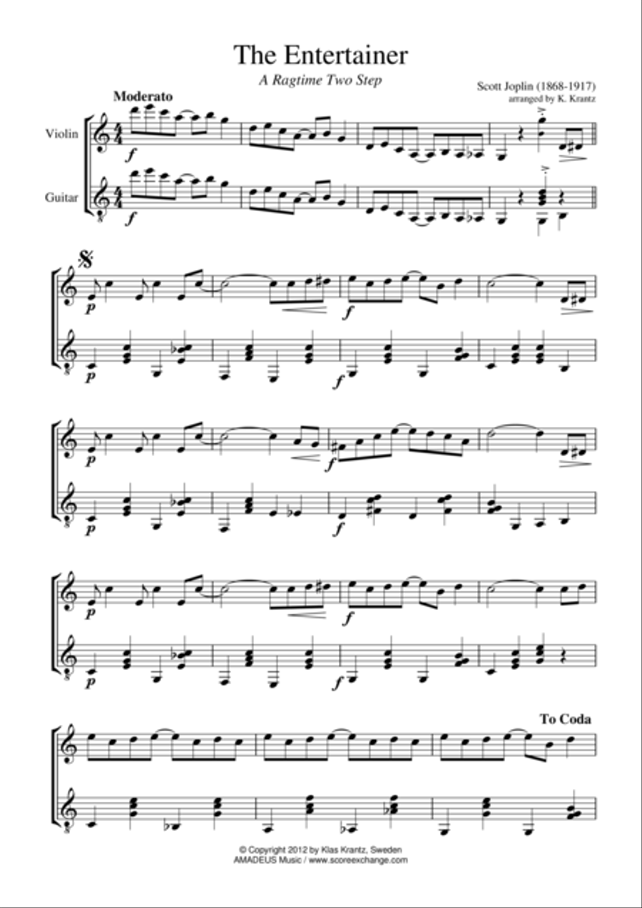 The Entertainer (abridged) for violin and guitar String Duet scores gallery preview page 1