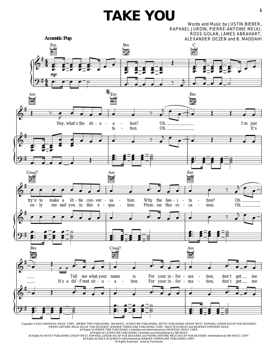 Take You Take You Piano, Vocal, Guitar scores gallery preview page 1