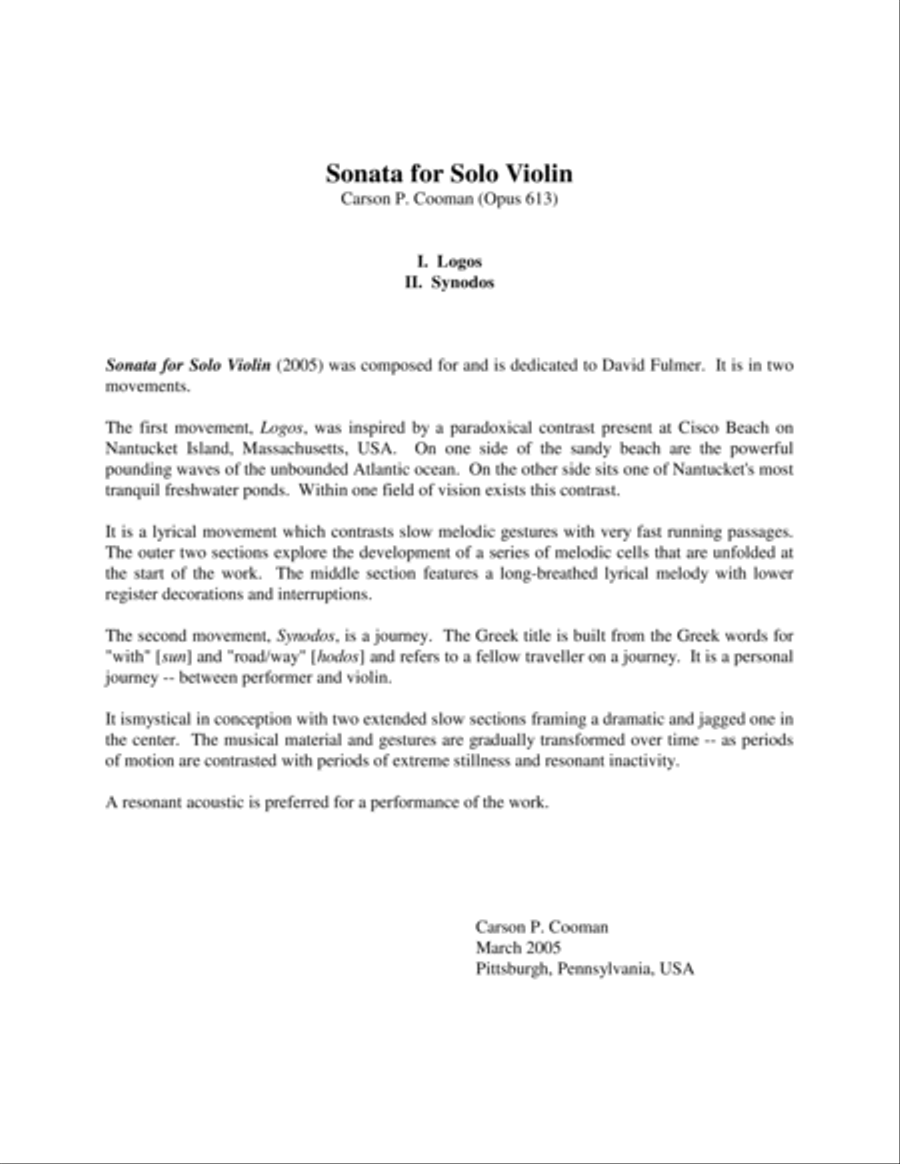 Carson Cooman: Sonata for Solo Violin (2005) Violin Solo scores gallery preview page 1