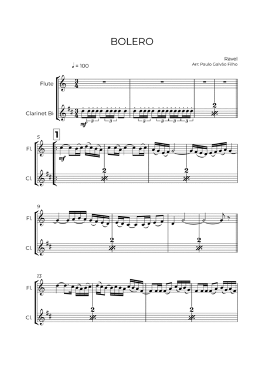 BOLERO - RAVEL - FLUTE & CLARINTET Woodwind Duet scores gallery preview page 2