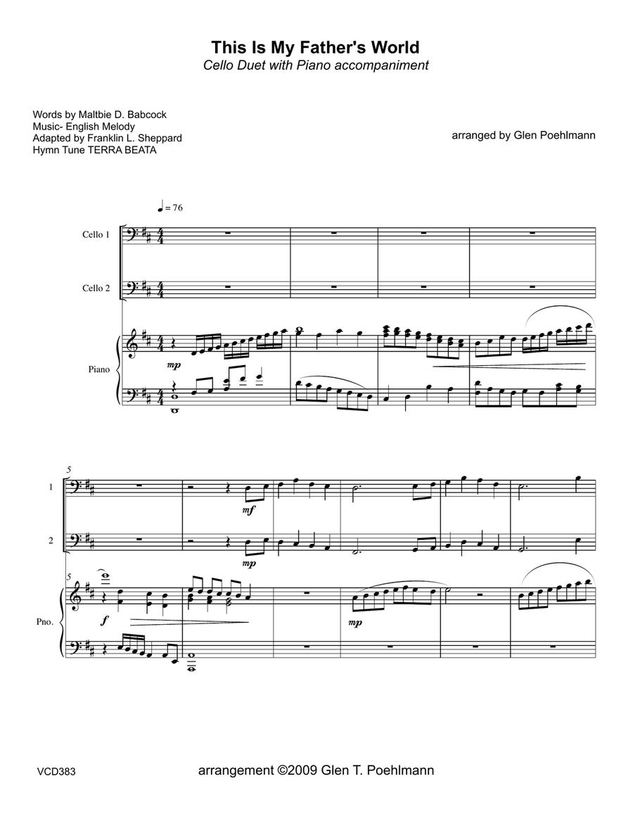 THIS IS MY FATHER'S WORLD - CELLO DUET with Piano Accompaniment String Duet scores gallery preview page 1