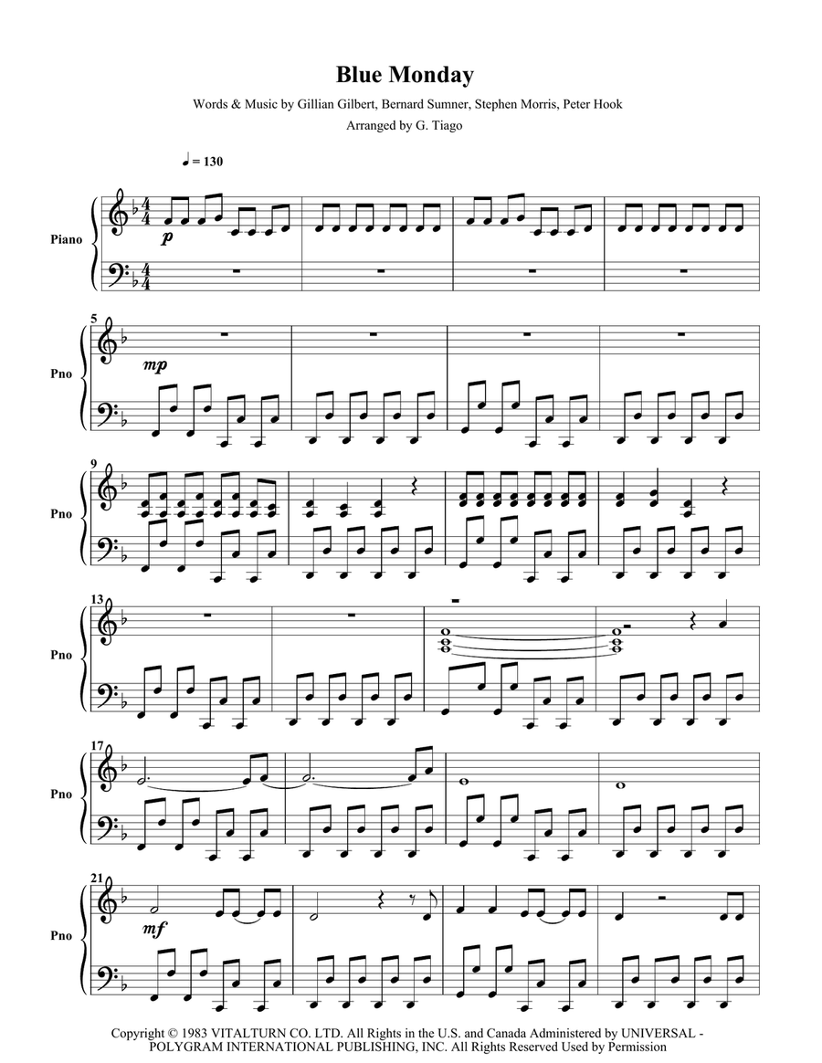 Blue Monday Blue Monday Piano Solo scores gallery preview page 1