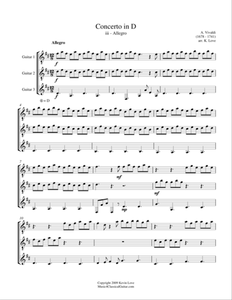 Concerto in D - iii - Allegro (Guitar Trio) - Score and Parts Guitar Ensemble scores gallery preview page 1