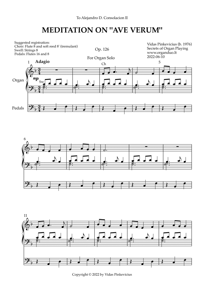 Meditation on Ave Verum, Op. 126 (Organ Solo) by Vidas Pinkevicius (2022)