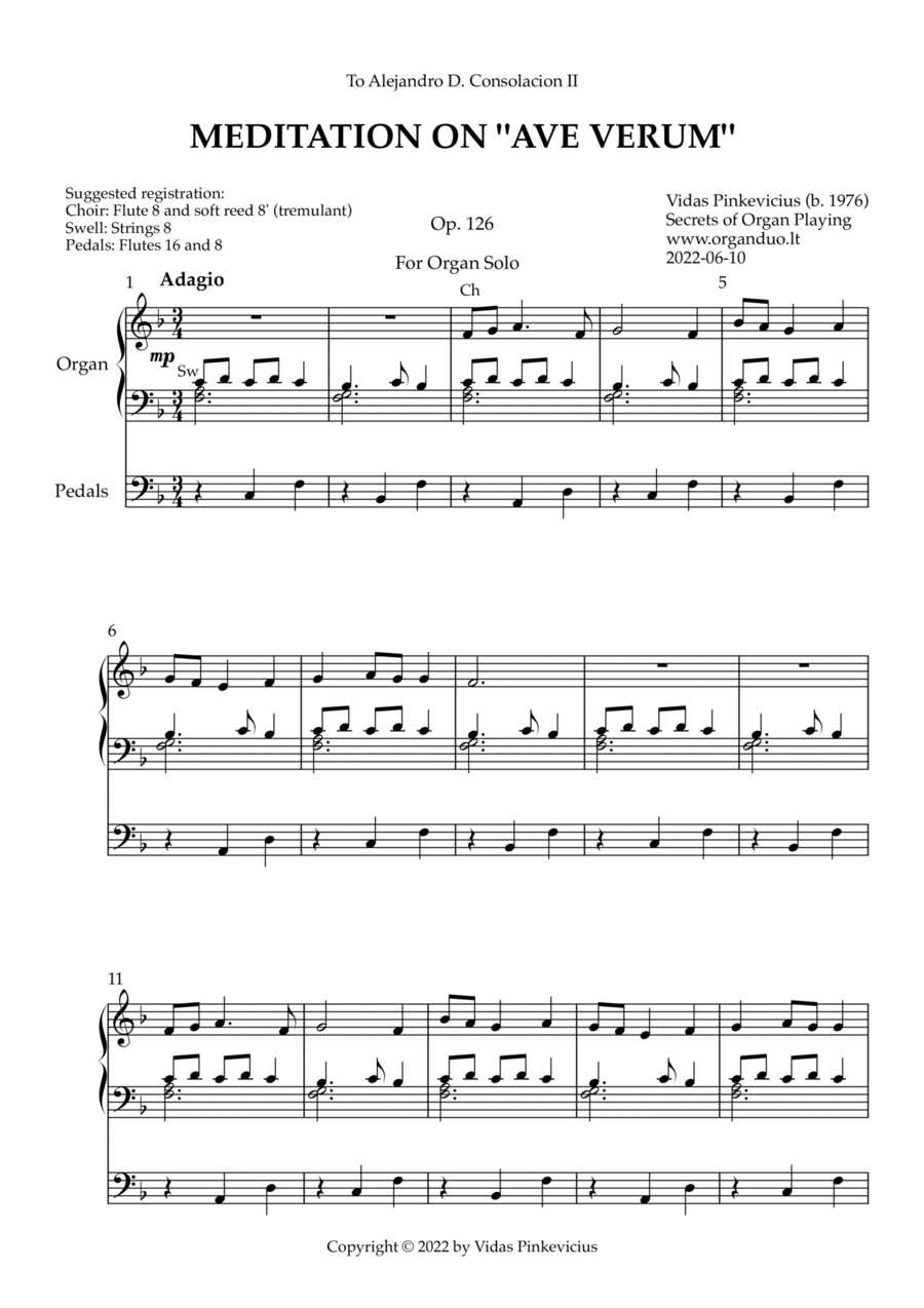 Meditation on Ave Verum, Op. 126 (Organ Solo) by Vidas Pinkevicius (2022) Organ Solo scores gallery preview page 1