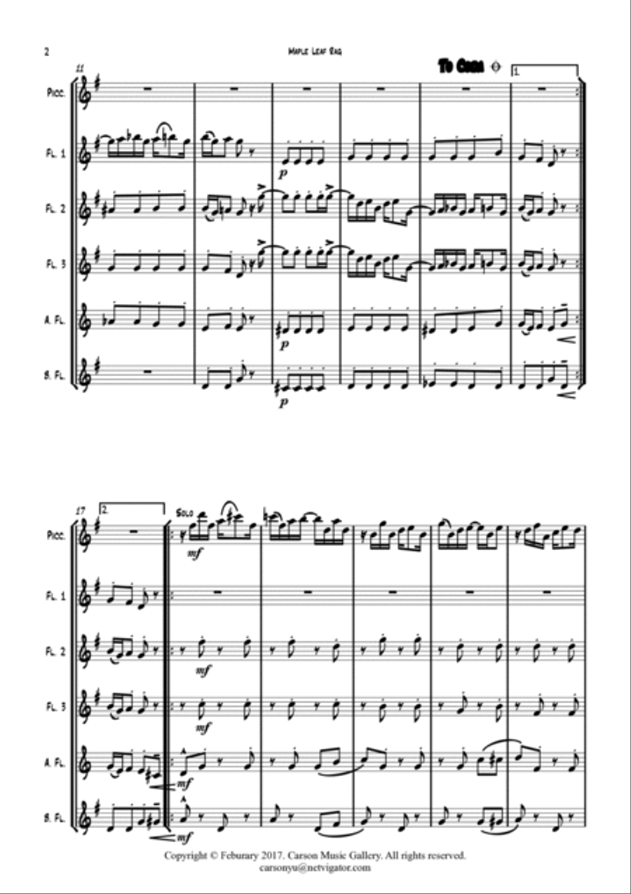 Maple Leaf Rag - for Flute Choir (Picc., 3C, A.Fl, B.Fl) arr. Carson Yu Flute Choir scores gallery preview page 5