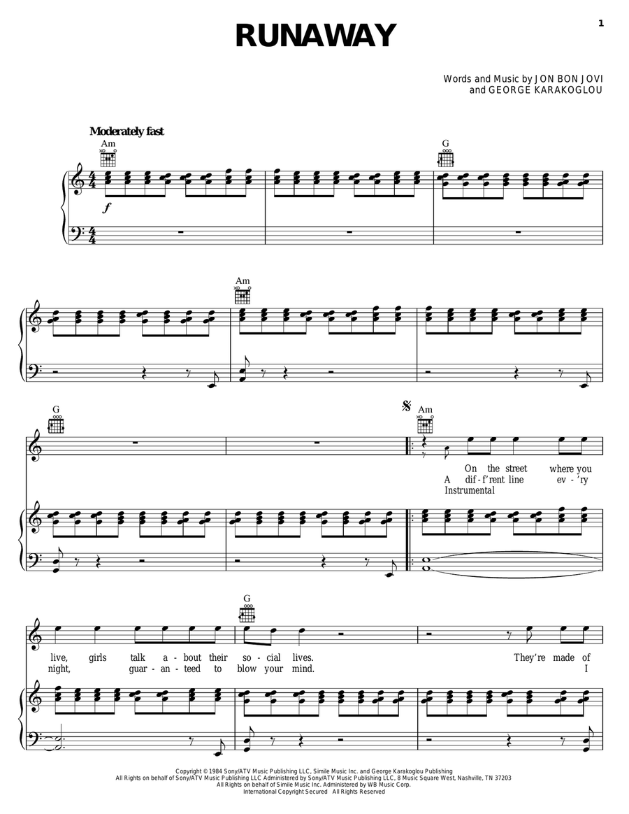 Runaway Runaway Piano, Vocal, Guitar scores gallery preview page 1
