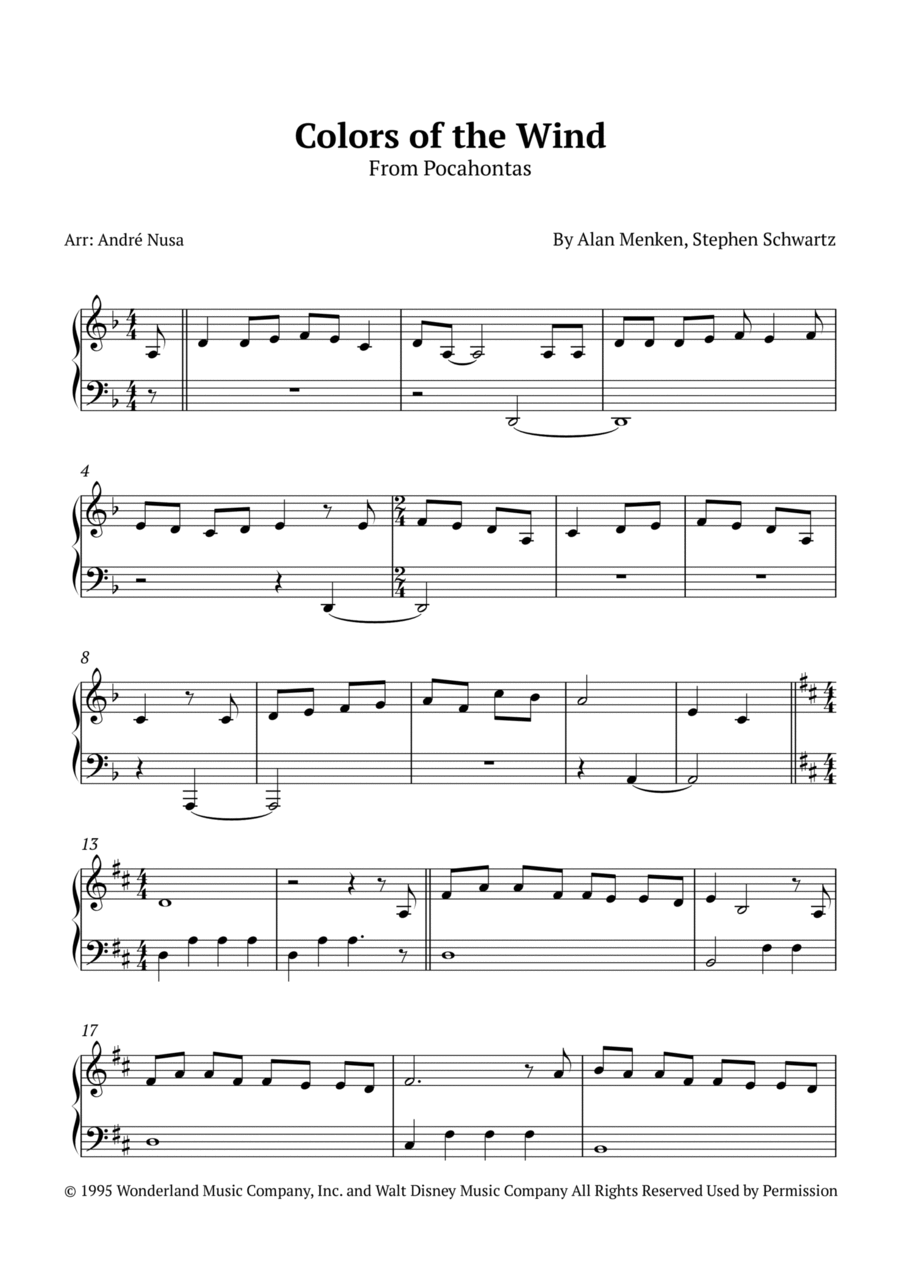 Colors Of The Wind Easy Piano scores gallery preview page 1