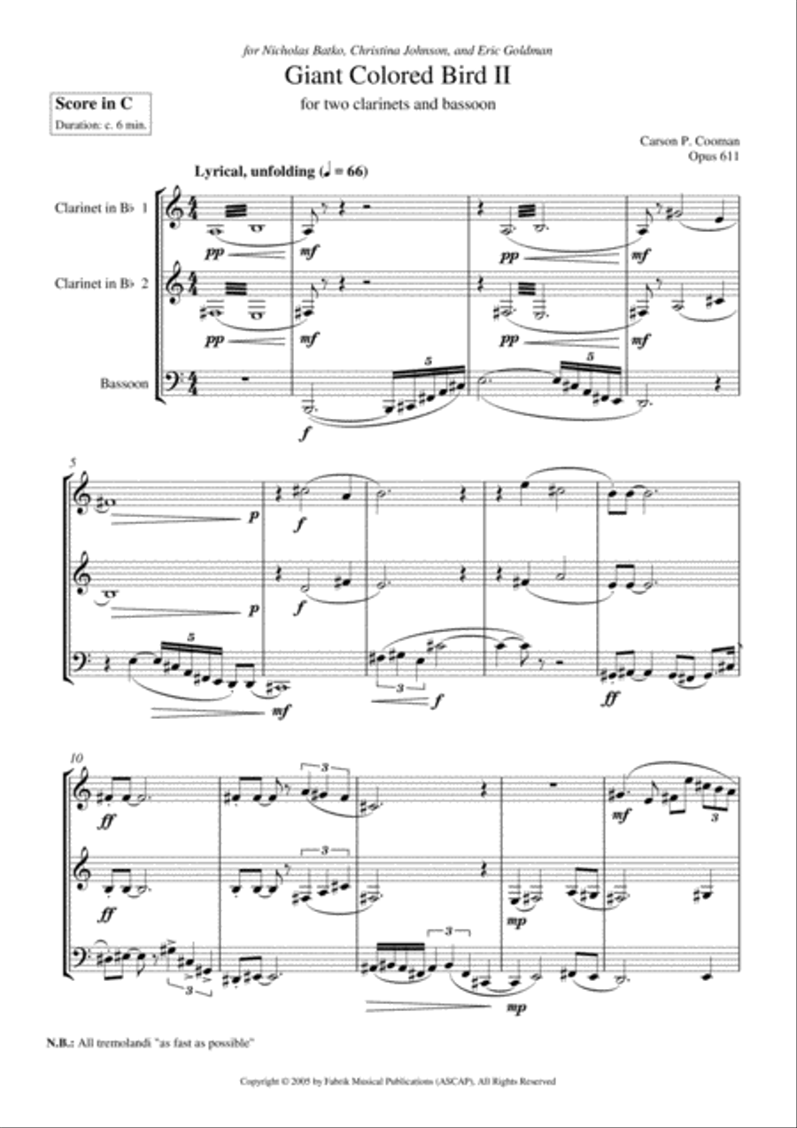 Carson Cooman: Giant Colored Bird II (2005) for two Bb clarinets and bassoon Woodwind Trio scores gallery preview page 2