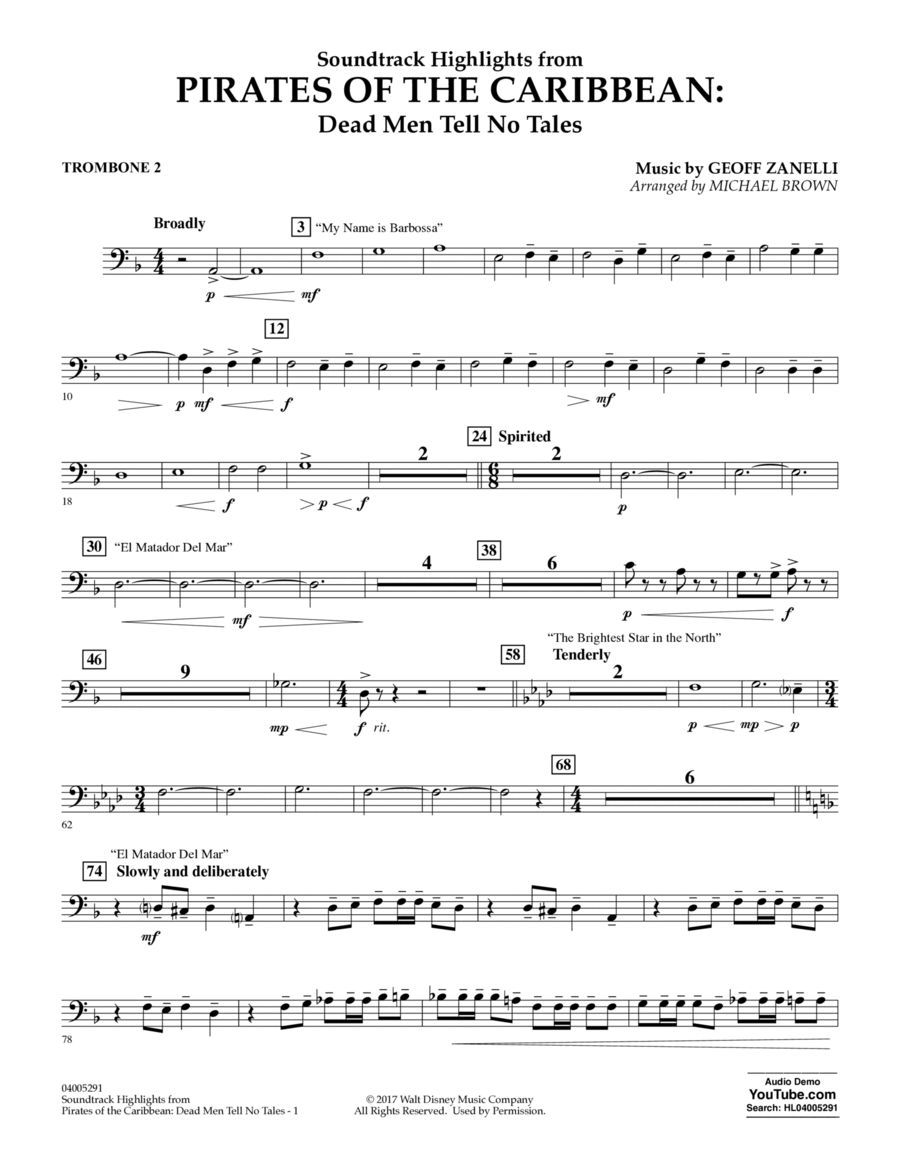 Pirates of the Caribbean: Dead Men Tell No Tales - Trombone 2 Trombone scores gallery preview page 1