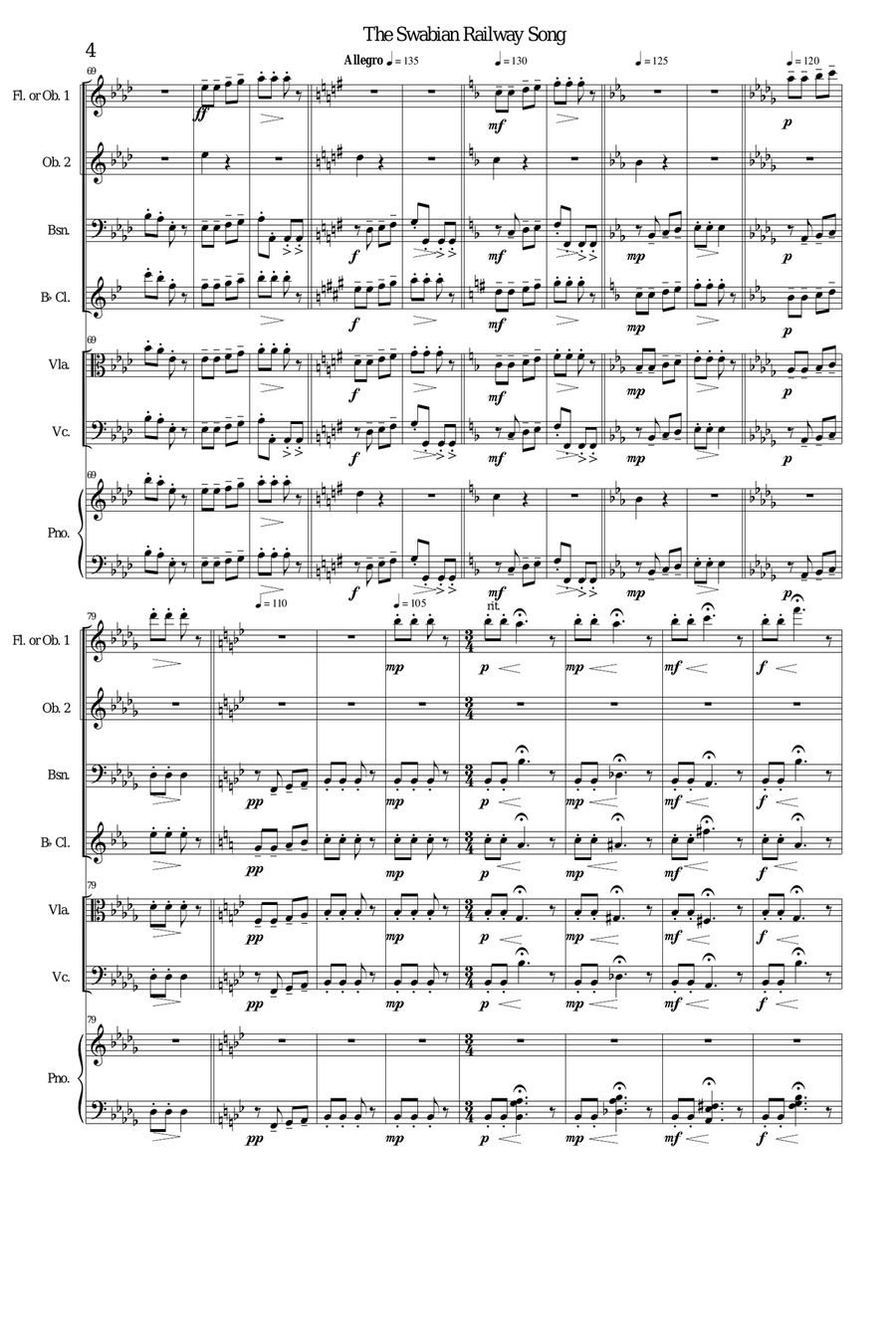 Railway Song (Auf de schwäb'sche Eisebahne) flute, oboe, clarinet, bassoon, viola, cello, piano Large Ensemble scores gallery preview page 4
