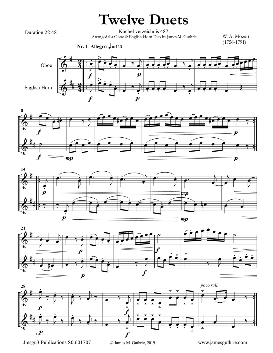 Mozart: 12 Duets K. 487 for Oboe & English Horn Woodwind Duet scores gallery preview page 1