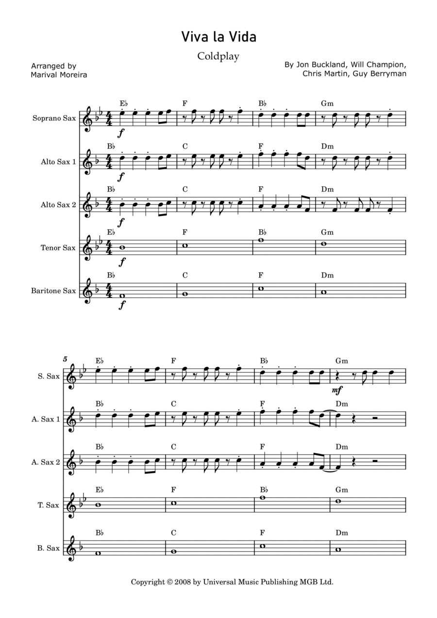 Viva La Vida Saxophone Quintet scores gallery preview page 1