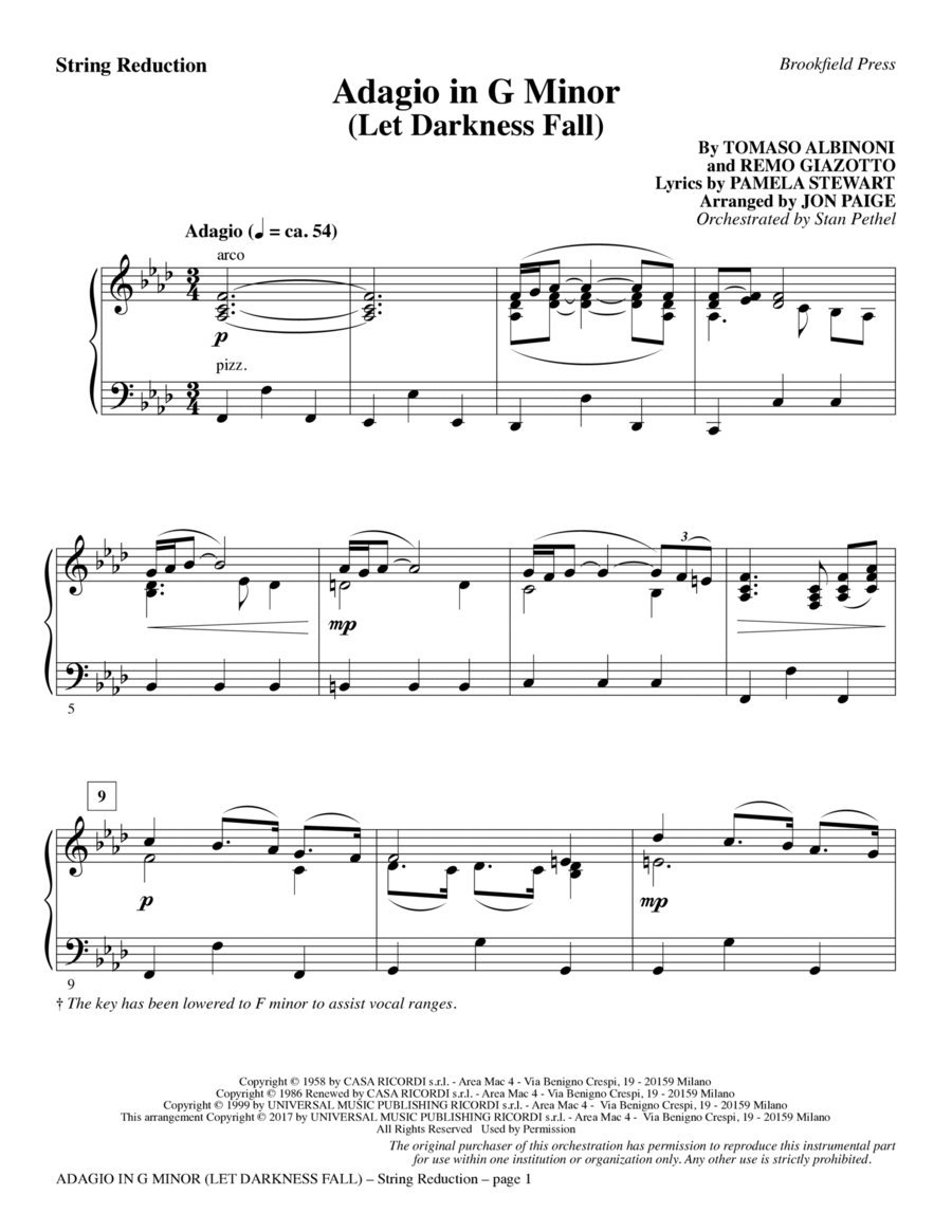 Adagio In G Minor (Let Darkness Fall) - Keyboard String Reduction Choir scores gallery preview page 1