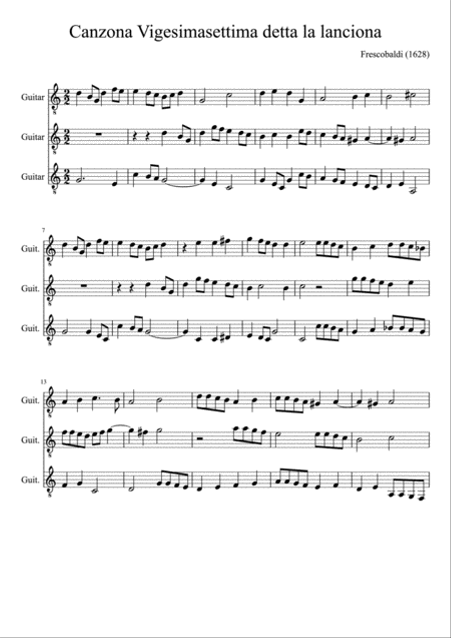 Frescobaldi - Canzona Vigesimasettima detta la lanciona for Classical Guitar Trio/Ensemble Guitar Ensemble scores gallery preview page 1