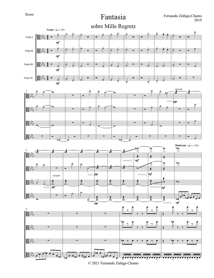 Fantasia on Mille Regretz for viola quartet (score and parts)